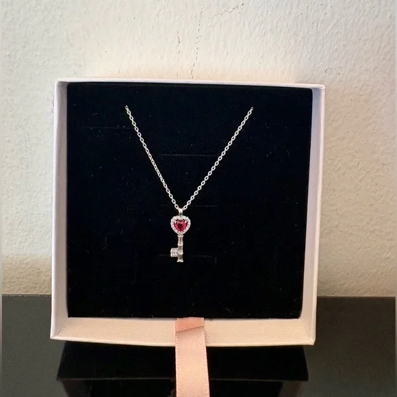 Pandora Silver Key Necklace with Red Heart Accent - Picture 2 of 7